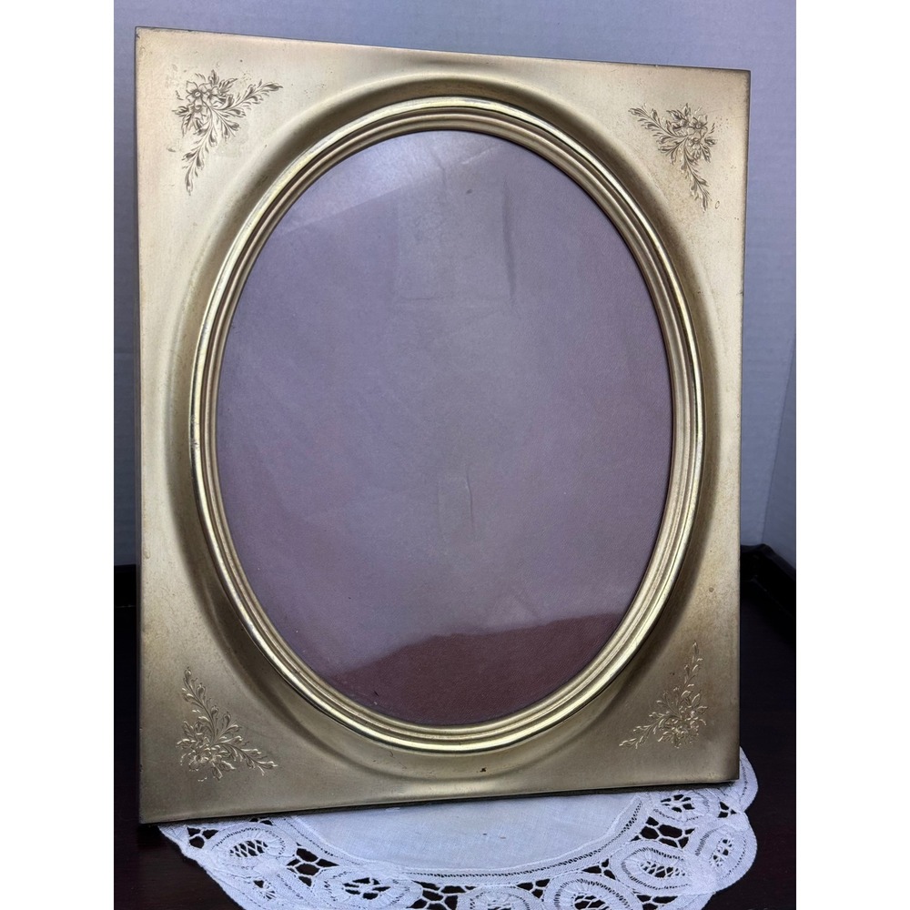 Vintage Gold Etched Floral Oval Picture Frame Velvet Back 9x11.5 Tabletop Wall